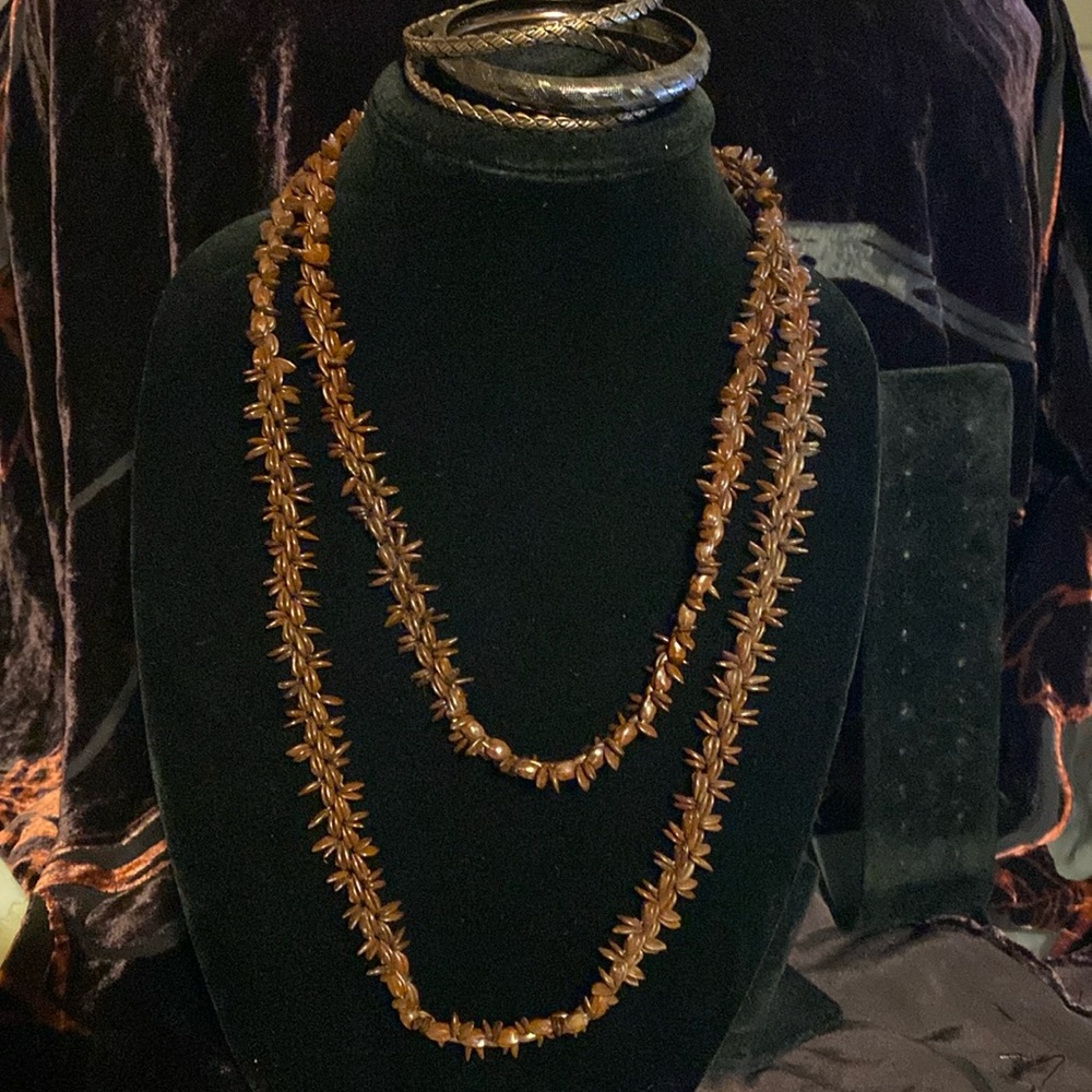 Vintage Apple Seed Bead Necklace & 3 Metal Bracelets Boho Layered Jewelry  25”